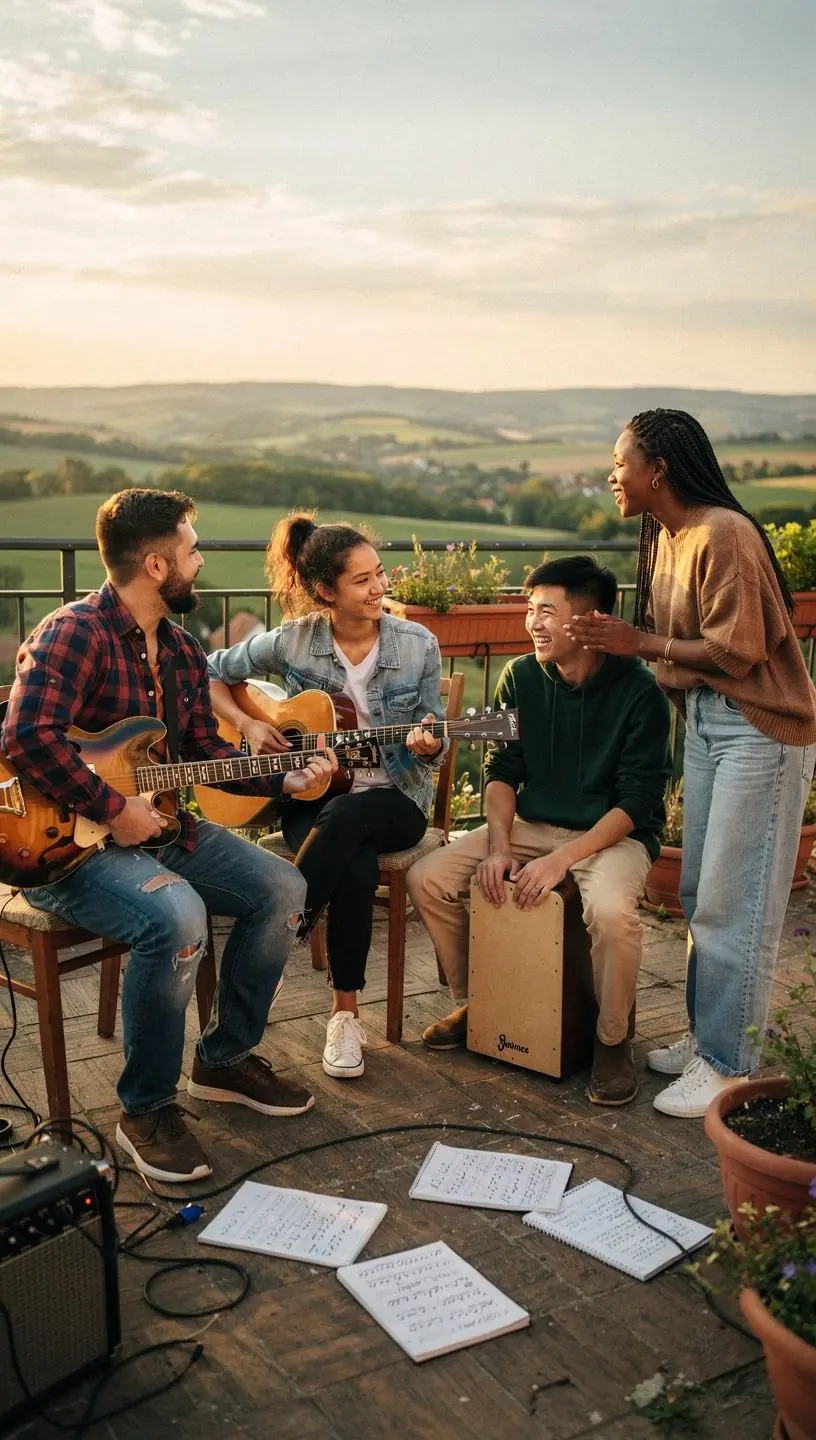 Gitáros mester egy zenekarban, aki kreatívan improvizál a színpadon, miközben a közönség élvezi a zenét.