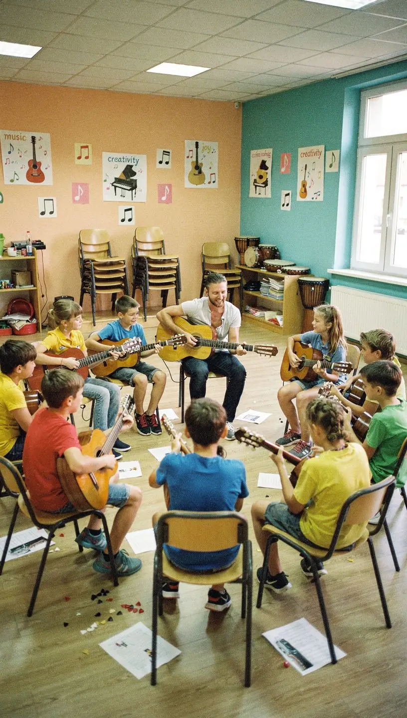 Egy gitáros, aki improvizál a színpadon, tele energiával.