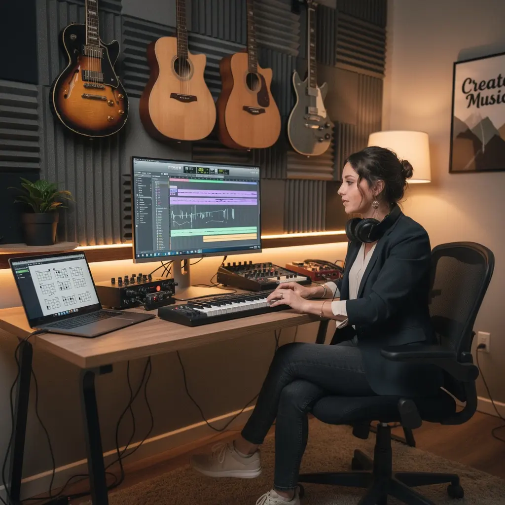 Különböző gitárakkordok és skálák ábrázolása egy oktatóanyagban.